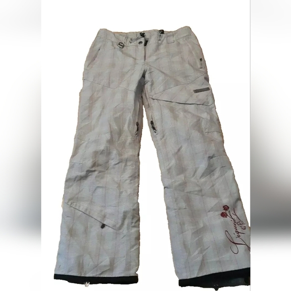 LIQUID BOARDWEAR ski pants snowboard winter sports tan pink check Medium *FLAW - Picture 2 of 9